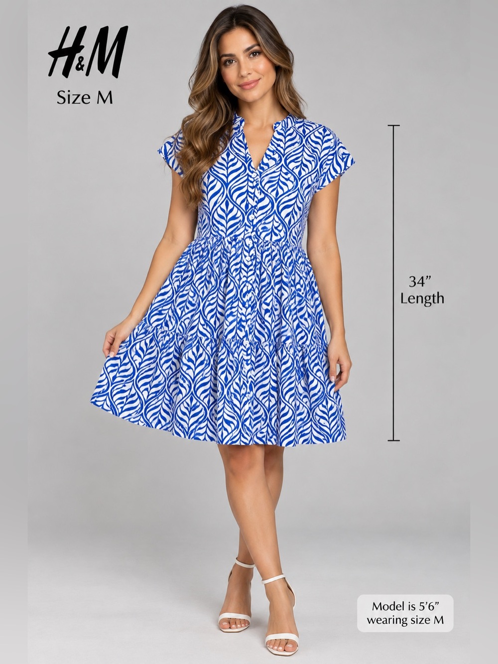 H&M Women's Blue & White Leaf Print Fit & Flare
Dress - Size Medium